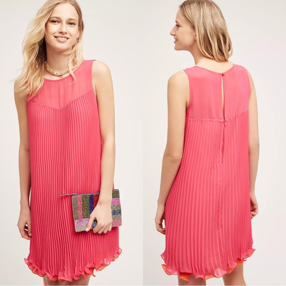 MAEVE Layered Pleat Swing Dress Pink and Orange Ruffle Swirl Hem - US 6